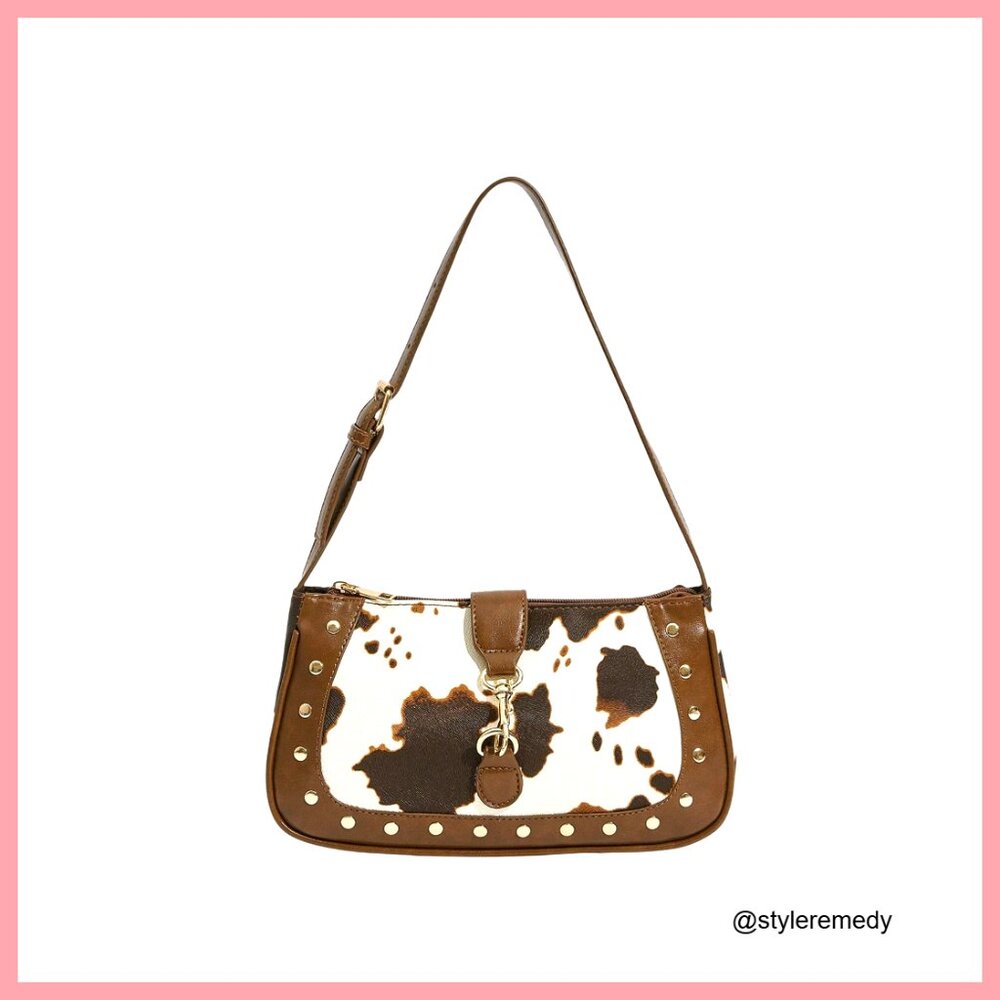 Y2k Western Cowgirl Shoulder Bag Rivet Animal Print Hobo Bag Zipper Faux Pu